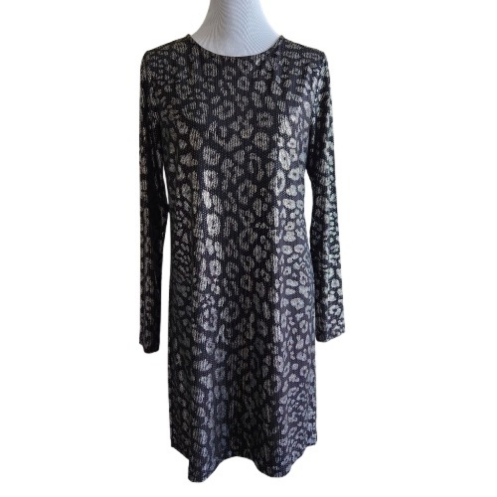 ⬇️Carmen Marc Valvo Silver And Black Metallic Leopard Print Dress